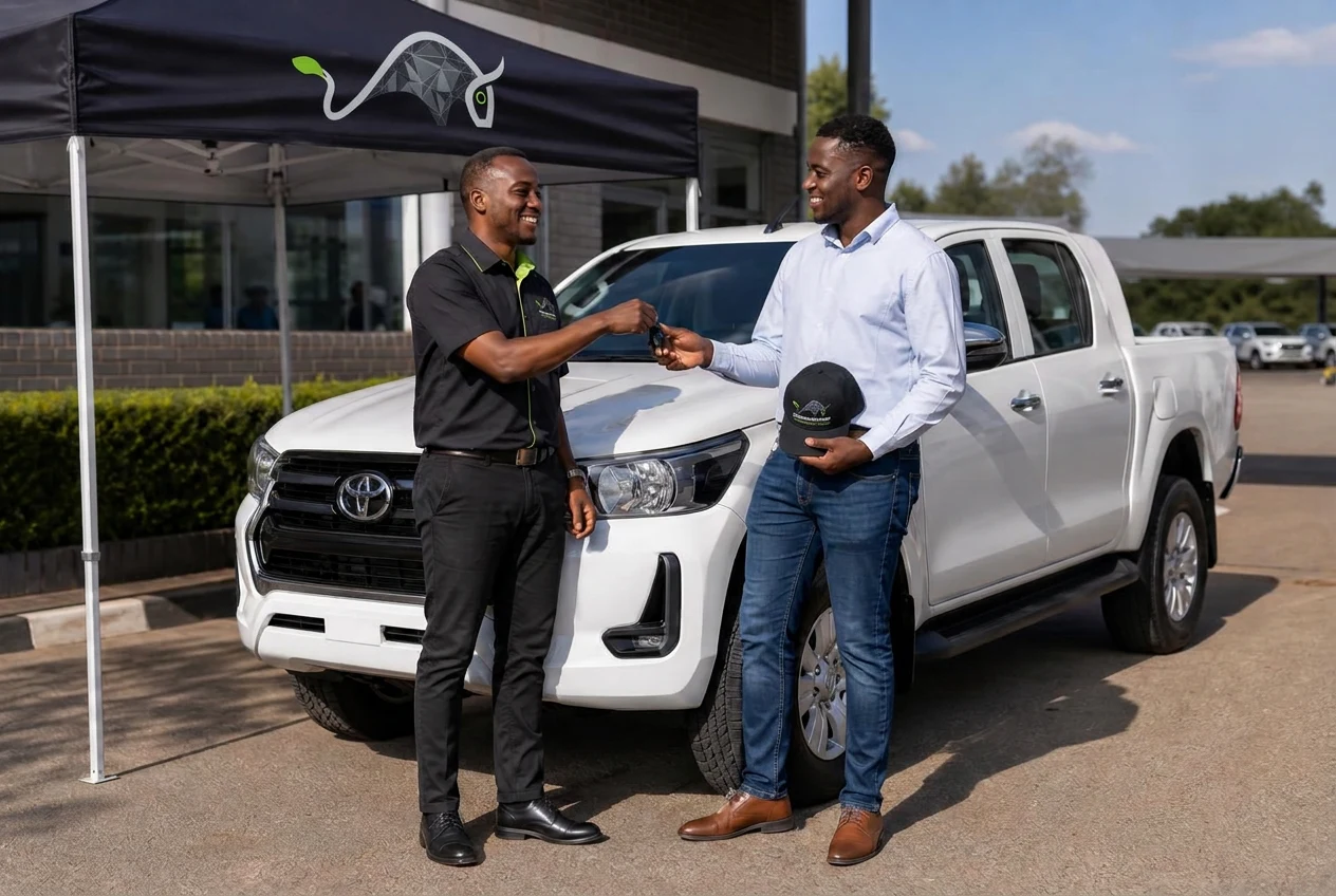 Young Black Zimbabwean receiving an unbranded Toyota Hilux GD-6 beside an MFG gazebo