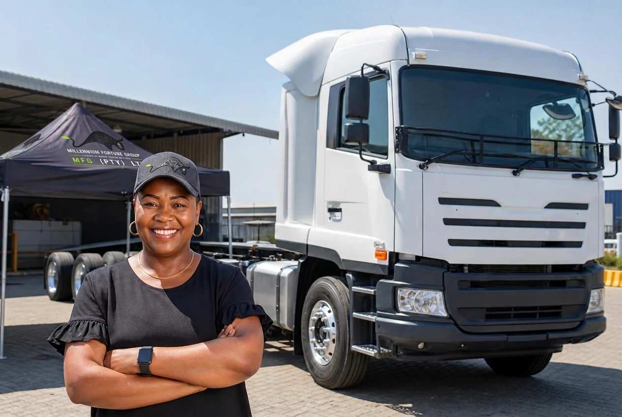Happy Black woman wearing an MFG cap beside her newly acquired unbranded commercial truck and an MFG gazebo